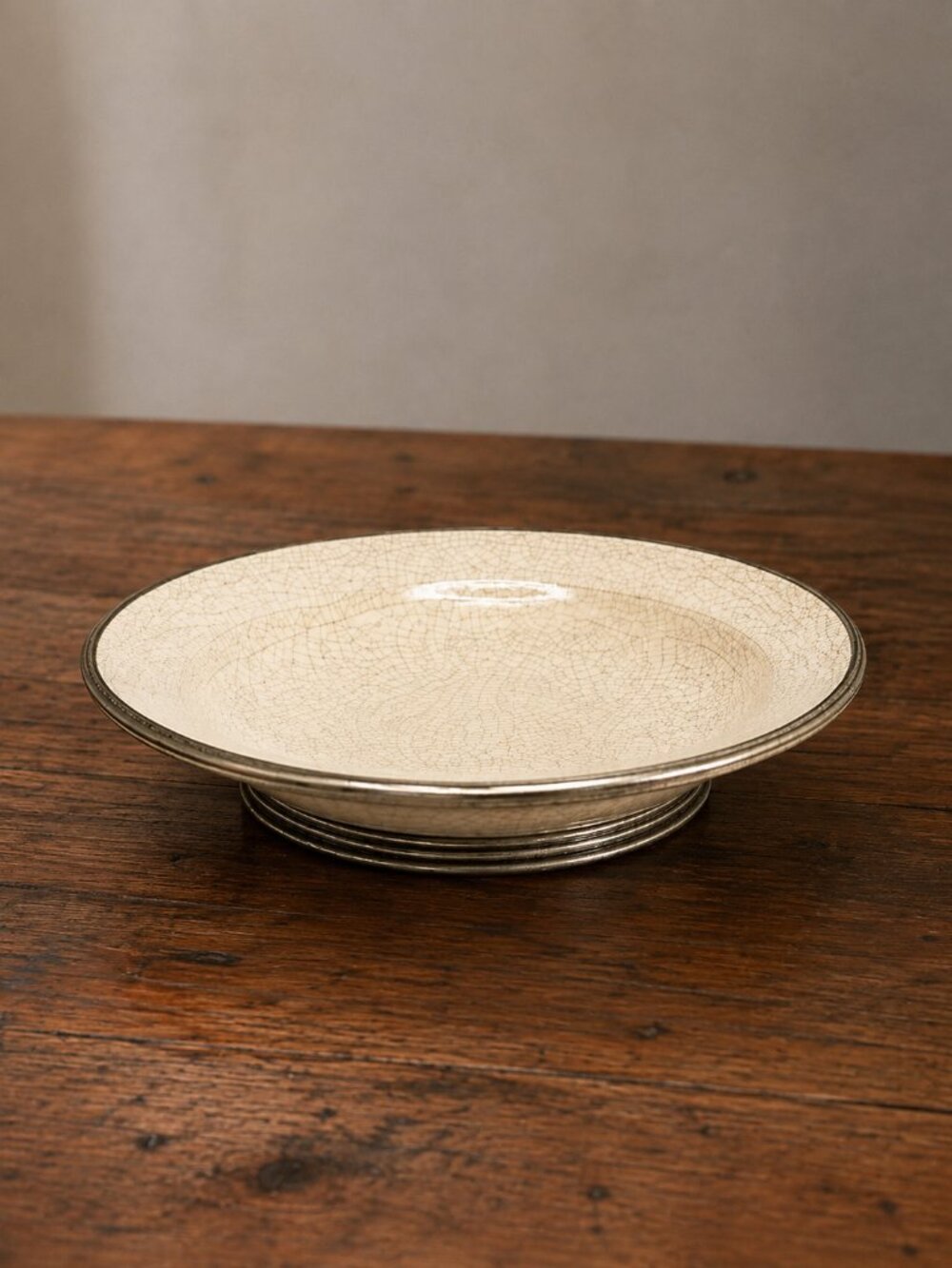 VTG ORNO Crackle Glaze Ceramic Centerpiece Bowl Metal Trim MCM Danish Modern 11"